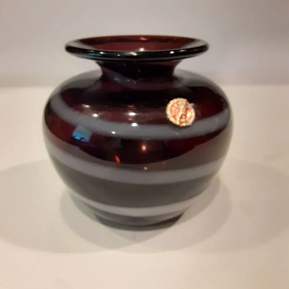 Vintage Brystal Handblown Vase Black Cherry & White